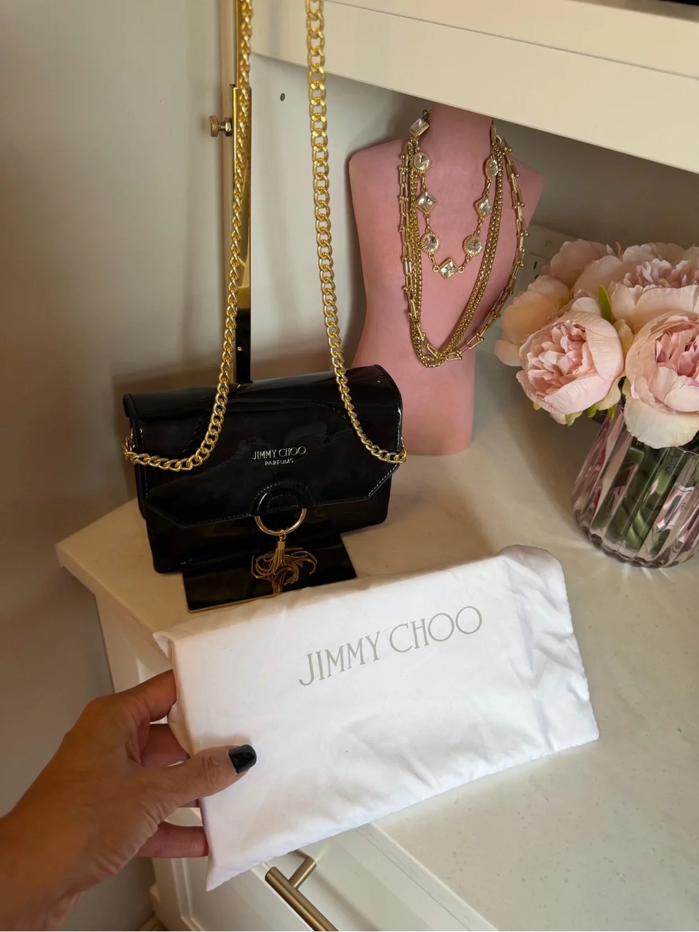 Jimmy Choo Parfums Black Patent Leather Clutch with Gold Tassel Ring Dust Bag